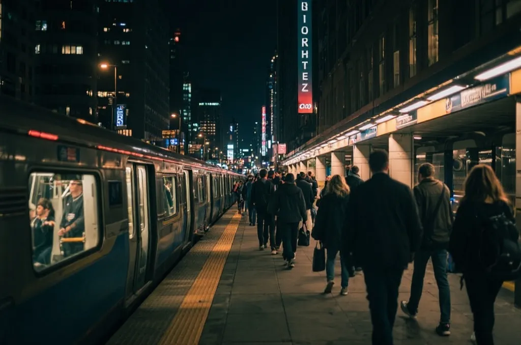 观赛者在球场附近通过地铁和步行返回酒店的夜景